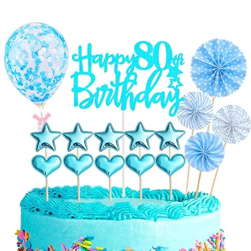 Tortendeko 80 Geburtstag Frau Mann,16 Stück Glitzer 80. Geburtstagstorte Topper,Blau Cake Topper Deko 80 Geburtstag,Happy 80th Birthday Kuchendeko Luftballons für 80. Geburtstag Party Kuchen Deko von POPOYU