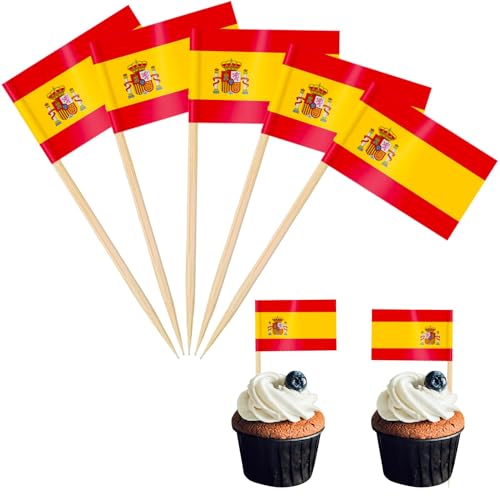 Mini-Zahnstocher mit Spanien-Flagge, Flagge, Kuchendekoration, karierte Cocktailspieße, Flaggen, Lebensmitteletiketten, Motto-Party-Aufsätze, Cupcake-Party-Dekorationen, 100 Stück von POPOYU