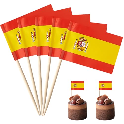 POPOYU 100 Stück Spanien Zahnstocher Flaggen,Spanische Flagge Fahne Klein Cocktail Tischdeko für Spanien Deko Em 2024,Euro,Eurovision Contest,Olympische Cupcake-Topper,Zahnstocher,Pub-deko von POPOYU