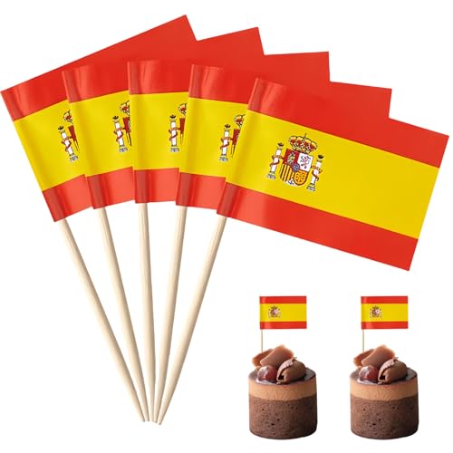 Mini-Zahnstocher mit Spanien-Flagge, Flagge, Kuchendekoration, karierte Cocktailspieße, Flaggen, Lebensmitteletiketten, Motto-Party-Aufsätze, Cupcake-Party-Dekorationen, 100 Stück von POPOYU