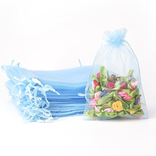 Organzasäckchen 7x9 Himmelblau,100 Stück Organzasäckchen Himmelblau Klein,Tütchen Kindergeburtstag,Kleine Tüten für Süßigkeiten,Geschenktüten Kindergeburtstag für Weihnachten,Ostern Kordelzug Geschenk von POPOYU