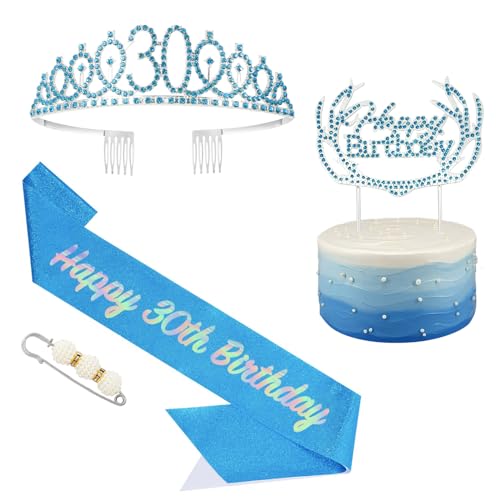 POPOYU 16 Geburtstag Krone und Schärpe Blau,Krone 16.Geburtstag,16. Geburtstag Schärpe und Tiara Kristall Kuchenaufsätze Kit,Krone 16 Geburtstag Mädchen für Geburtstag Geschenk Partyzubehör Dekor von POPOYU