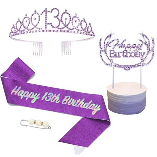POPOYU 18 Geburtstag Krone und Schärpe Lila,Krone 18.Geburtstag,18. Geburtstag Schärpe und Tiara Kristall Kuchenaufsätze Kit,Krone 18 Geburtstag Frauen für Geburtstag Geschenk Partyzubehör Dekor von POPOYU