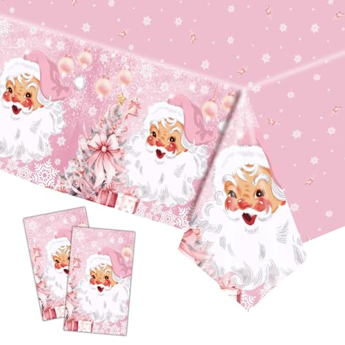 POPOYU 2 Stück Weihnachtstischdecke,Rosa Einweg Tischdecke Weihnachten,Groß Rechteckige Weihnachtsmann Schneemann Tischhussen Esstischdecke für Weihnachts Party Tischdecke Tischtuch(137x274cm) von POPOYU