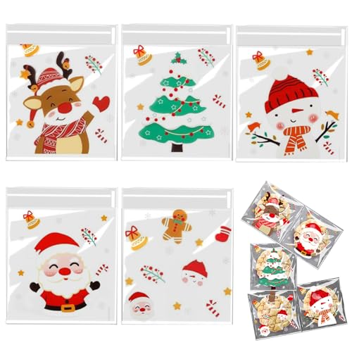 POPOYU 200 Stk Selbstklebende Cellophantüten Weihnachten,10x10cm Klein Plastiktüten Weihnachtstüten zum Befüllen Transparent,Süßigkeiten Tüten Weihnachten Geschenktüten für Kekse Schokolade Keksbeutel von POPOYU