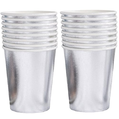 POPOYU 250ml Silber Papier Partybecher,16 Stück Silber Pappbecher,Trinkbecher Hochzeit Einwegbecher Disposable Cups für Hochzeit,Kinder DIY,Partybedarf,Tee,Gastronomie,Feste,Party,Hochzeiten Haushalt von POPOYU