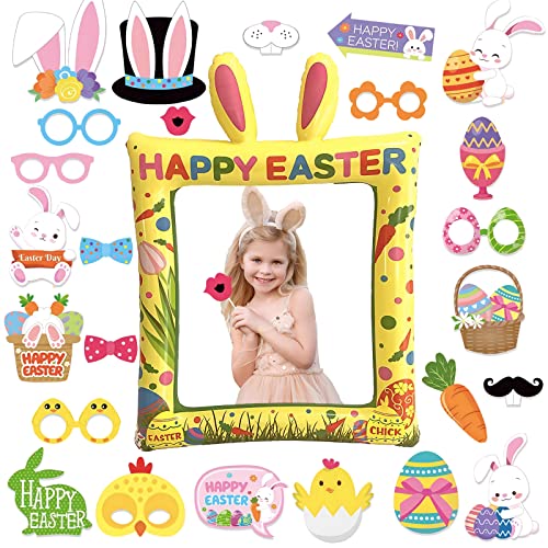 POPOYU 26 Stück Ostern Foto Requisiten,Ostern Party Aufblasbarer Fotorahmen mit 25 Stück OsternFotobox Accessoires,Selfie Rahmen Aufblasbarer Bilderrahmen für OsternPhoto Frame Set von POPOYU
