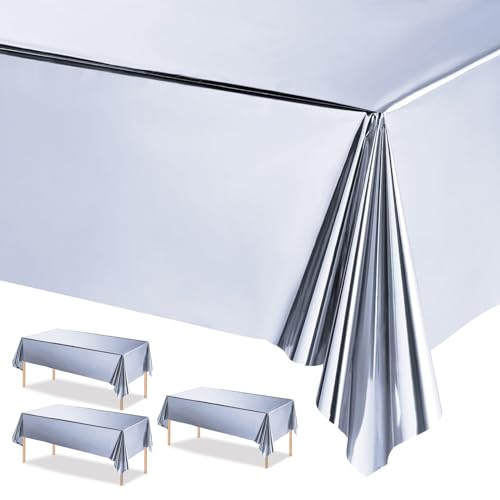 POPOYU 3 Stück Silber Tischdecken 137x274cm Kunststoff Rechteck Tischdecken,wasserdichte Kunststoff-Tischdecken für Tische im Indoor und Outdoor Partys,Geburtstage, Hochzeiten,Haushalt Partyzubehör von POPOYU