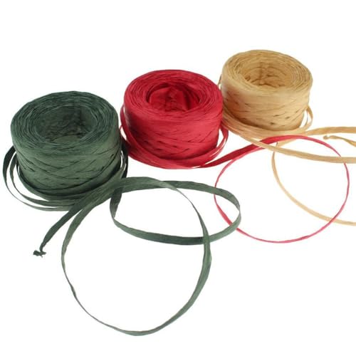 POPOYU 3 Stück Weihnachts-Papierband, 50 m Rolle, Weihnachtsband, Rot und Grün, Natur-Raphia, synthetisches Band für Verpackung, Papier, Raphia, matt, recycelbar, für Geschenkverpackungen zu von POPOYU