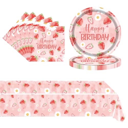 POPOYU 37 Stück Erdbeere Partygeschirr Set,Erdbeere Geburtstag Deko Mit Teller Servietten Tischdecken,Erdbeere Dekoration Geschirr Partyzubehör für Junge Mädchen Kindergeburtstag(16 Gäste) von POPOYU