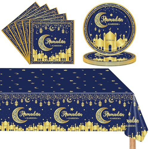 POPOYU 37 Stück Ramadan Eid Mubarak Partygeschirr,Ramadan Servietten,23cm Pappteller,Ramadan Tischdecke,Blaues Gold Eid Mubarak Party Dekoration Set für Umrah Mubarak Islam Muslim Party Supplies von POPOYU