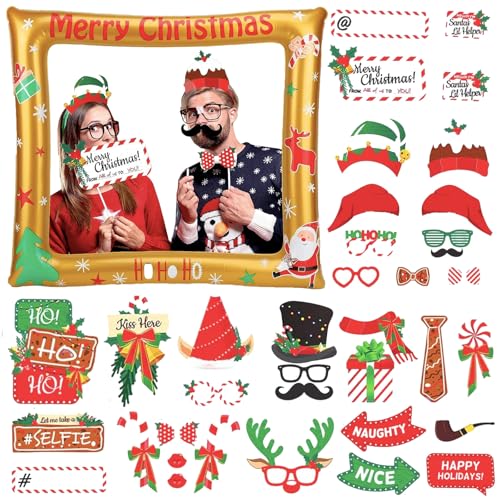 POPOYU 38 Stück Weihnachten Fotorahmen-Set mit Weihnachten Photo Booth Requisiten Aufblasbare Fotorahmen Selfie Bilderrahmen Weihnachten Fotobox Accessoires für Weihnachten Party Dekoration von POPOYU