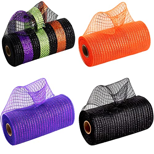 POPOYU 4 Rollen Halloween Deko Poly Mesh Bänder,15cm x 9m Halloween Poly Mesh Band Ribbon,Orange/Schwarz/Lila Metallfolie Poly Mesh Band Rollen für Halloween-Dekorationen, Kranz, DIY-Bastelbedarf POPOYU 4 Rollen Halloween Deko Poly Mesh Bänder,15cm x 9m Halloween Poly Mesh Band Ribbon,Orange/Schwarz/Lila Metallfolie Poly Mesh Band Rollen für Halloween-Dekorationen, Kranz, DIY-Bastelbedarf von POPOYU