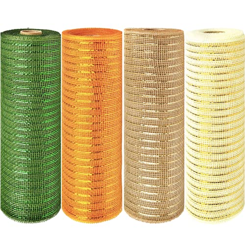 POPOYU 4 Rollen Herbst Deko Poly Mesh Bänder,25cm x 9m Herbst Poly Mesh Band Ribbon,Orange/Holz/Elfenbein Metallfolie Poly Mesh Band Rollen für Ernte Thanksgiving Dekorationen, Kranz,DIY-Bastelbedarf von POPOYU