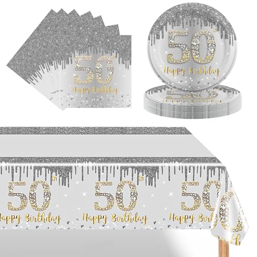 POPOYU 50. Geburtstag Partygeschirr Set,37 Stück Pappteller 9 Zoll Servietten Tischdecke 50. Geburtstag Frau,Silber Geburtstagsdeko für 50. Geburtstag Frauen Party Dekoration Partyzubehör POPOYU 50. Geburtstag Partygeschirr Set,37 Stück Pappteller 9 Zoll Servietten Tischdecke 50. Geburtstag Frau,Silber Geburtstagsdeko für 50. Geburtstag Frauen Party Dekoration Partyzubehör von POPOYU