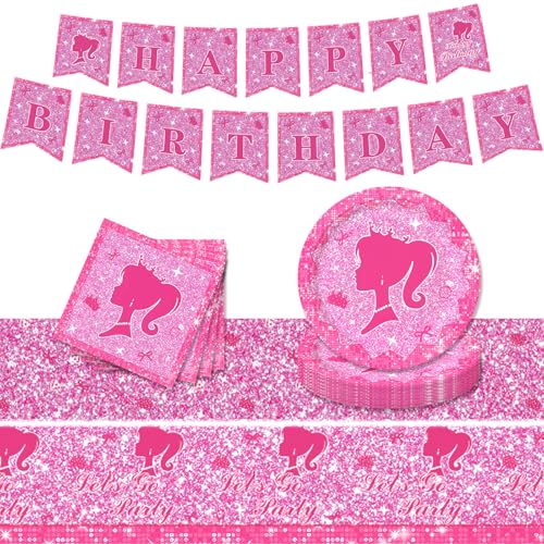POPOYU 52 Stück Bar-bie Partygeschirr Set Kindergeburtstag, Rosa Prinzessinnen Geburtstag Deko Geschirr mit Pappteller Servietten Tischdecke Banner Tischtücher für Mädchen Party Geburtstags Tisch POPOYU 52 Stück Bar-bie Partygeschirr Set Kindergeburtstag, Rosa Prinzessinnen Geburtstag Deko Geschirr mit Pappteller Servietten Tischdecke Banner Tischtücher für Mädchen Party Geburtstags Tisch von POPOYU