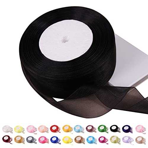 POPOYU Chiffonband Schwarz, 40mmx45m Organzaband Schleifenband Hochzeit Geschenkband Tüllband Transparent Satinband für Weihnachten Taufe Geburtstag von POPOYU