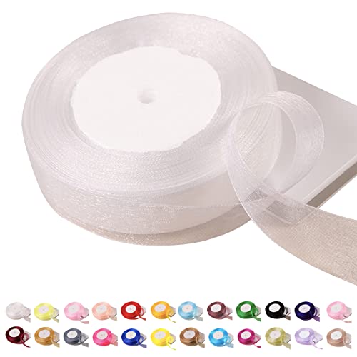 POPOYU Chiffonband Weiß, 20mmx45m Organzaband Weiss Schleifenband Hochzeit Geschenkband Tüllband Transparent Satinband für Weihnachten Taufe Geburtstag von POPOYU