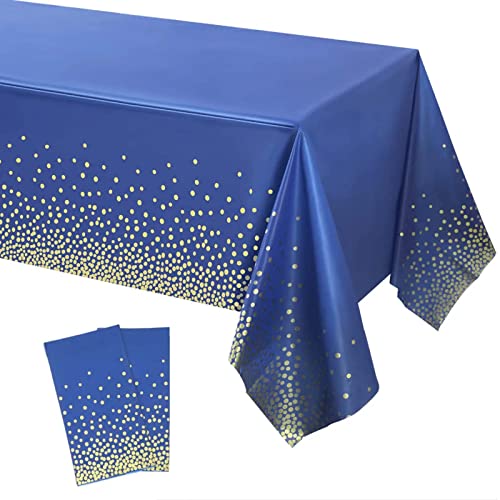 POPOYU Einweg-Tischdecke, dunkelblau mit goldfarbenen Punkten, 137,2 x 274,3 cm, groß, Kunststoff, wasserdicht, rechteckige Tischdecke für Geburtstag, Babyparty, Hochzeit, Picknick, Party-Dekoration, von POPOYU