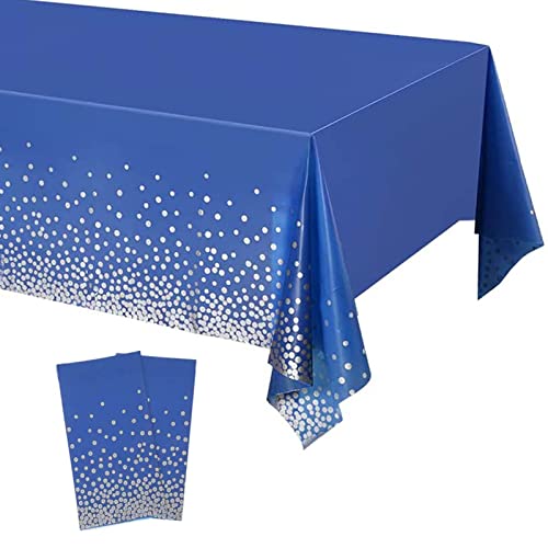 POPOYU Einweg-Tischdecke, dunkelblau mit silberfarbenen Punkten, 137,2 x 274,3 cm, groß, Kunststoff, wasserdicht, rechteckige Tischdecke für Geburtstag, Babyparty, Hochzeit, Picknick, von POPOYU
