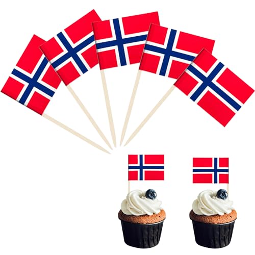 POPOYU Mini-Zahnstocher mit Norwegen-Flagge, Cupcake-Aufsätze, Cocktailspieße, Holz-Kuchenaufsätze, Sandwich-Dekorationen für Eurovision-Party, Euro-Fußballspiel, Olympische Spiele 2024, 100 Stück von POPOYU