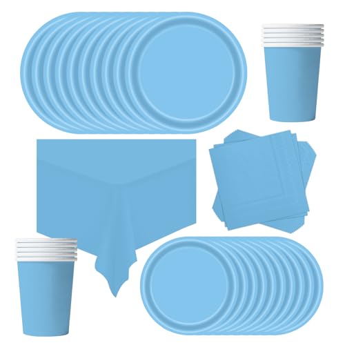 POPOYU Partygeschirr Kindergeburtstag Blau,69 Stück Geburtstagsparty Geschirr Pappteller Set,Tischdecke Papier Tassen Teller Servietten zum Weihnachten,Geburtstag,Hochzeiten,Jubiläums(16 Gäste) von POPOYU