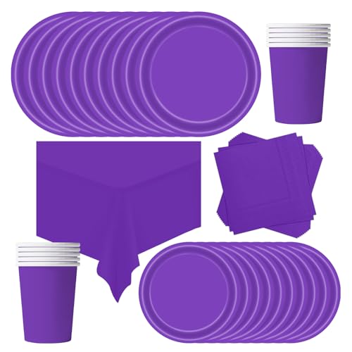 POPOYU Partygeschirr Kindergeburtstag Dunkelviolett,69 Stück Geburtstagsparty Geschirr Pappteller Set,Tischdecke Papier Tassen Teller Servietten zum Weihnachten,Geburtstag,Hochzeiten(16 Gäste) von POPOYU