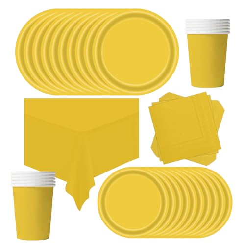 POPOYU Partygeschirr Kindergeburtstag Gelb,69 Stück Geburtstagsparty Geschirr Pappteller Set,Tischdecke Papier Tassen Teller Servietten zum Weihnachten,Geburtstag,Hochzeiten,Jubiläums(16 Gäste) von POPOYU
