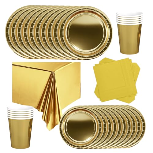 POPOYU Partygeschirr Kindergeburtstag Golden,69 Stück Geburtstagsparty Geschirr Pappteller Set,Tischdecke Papier Tassen Teller Servietten zum Weihnachten,Geburtstag,Hochzeiten,Jubiläums(16 Gäste) von POPOYU