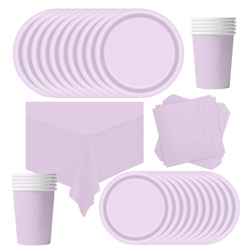 POPOYU Partygeschirr Kindergeburtstag Lila,69 Stück Geburtstagsparty Geschirr Pappteller Set,Tischdecke Papier Tassen Teller Servietten zum Weihnachten,Geburtstag,Hochzeiten,Jubiläums(16 Gäste) von POPOYU