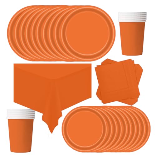 POPOYU Partygeschirr Kindergeburtstag Orange,69 Stück Geburtstagsparty Geschirr Pappteller Set,Tischdecke Papier Tassen Teller Servietten zum Weihnachten,Geburtstag,Hochzeiten,Jubiläums(16 Gäste) von POPOYU