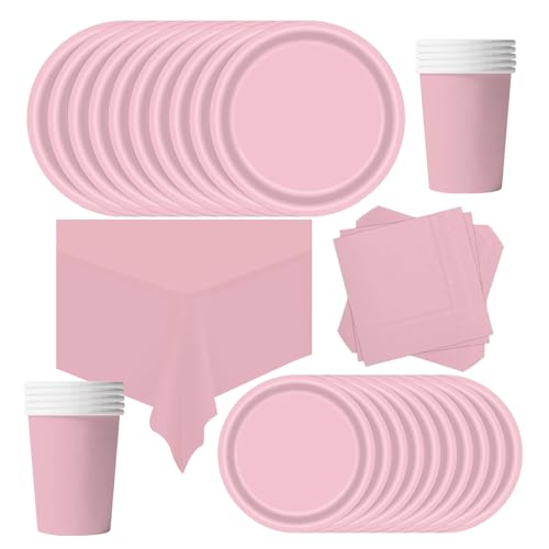 POPOYU Partygeschirr Kindergeburtstag Rosa,69 Stück Geburtstagsparty Geschirr Pappteller Set,Tischdecke Papier Tassen Teller Servietten zum Weihnachten,Geburtstag,Hochzeiten,Jubiläums(16 Gäste) von POPOYU