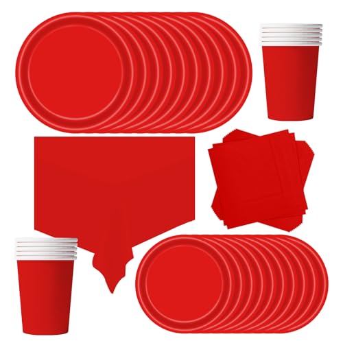 POPOYU Partygeschirr Kindergeburtstag Rot,69 Stück Geburtstagsparty Geschirr Pappteller Set,Tischdecke Papier Tassen Teller Servietten zum Weihnachten,Geburtstag,Hochzeiten,Jubiläums(16 Gäste) von POPOYU