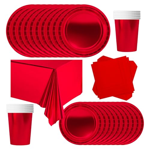 POPOYU Partygeschirr Kindergeburtstag Rot,69 Stück Geburtstagsparty Geschirr Pappteller Set,Tischdecke Papier Tassen Teller Servietten zum Weihnachten,Geburtstag,Hochzeiten,Jubiläums(16 Gäste) von POPOYU