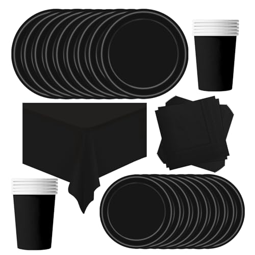 POPOYU Partygeschirr Kindergeburtstag Schwarz,69 Stück Geburtstagsparty Geschirr Pappteller Set,Tischdecke Papier Tassen Teller Servietten zum Weihnachten,Geburtstag,Hochzeiten,Jubiläums(16 Gäste) von POPOYU