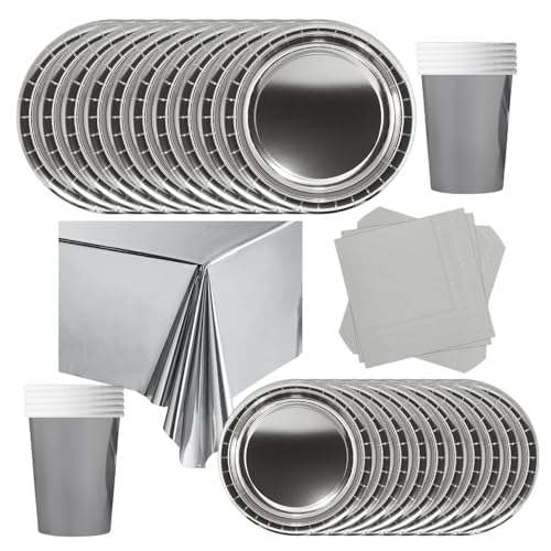 POPOYU Partygeschirr Kindergeburtstag Silber,69 Stück Geburtstagsparty Geschirr Pappteller Set,Tischdecke Papier Tassen Teller Servietten zum Weihnachten,Geburtstag,Hochzeiten,Jubiläums(16 Gäste) von POPOYU