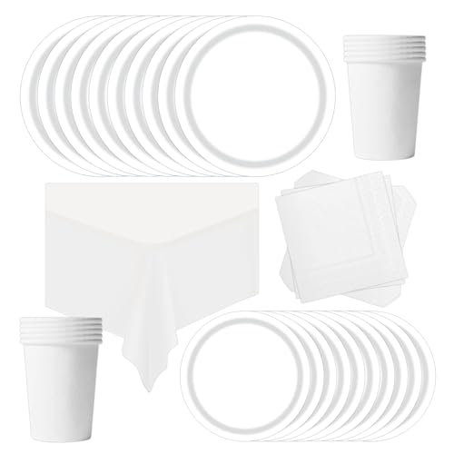 POPOYU Partygeschirr Kindergeburtstag weiß,69 Stück Geburtstagsparty Geschirr Pappteller Set,Tischdecke Papier Tassen Teller Servietten zum Weihnachten,Geburtstag,Hochzeiten,Jubiläums(16 Gäste) von POPOYU