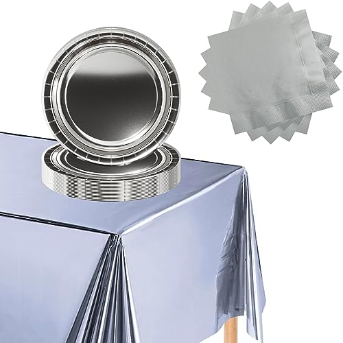 POPOYU 37-teiliges Silber Geschirr-Set, Pastellblau, wasserdichte Kunststoff-Tischdecke, Pappteller 17,8 cm, Servietten Geschirr Dekorationen, Gastgeschenke für Männer und Frauen POPOYU 37-teiliges Silber Geschirr-Set, Pastellblau, wasserdichte Kunststoff-Tischdecke, Pappteller 17,8 cm, Servietten Geschirr Dekorationen, Gastgeschenke für Männer und Frauen von POPOYU