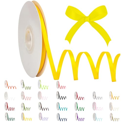 POPOYU Satinband 6mm Zitronengelb,Zitronengelb Band 6mm Natur,91m Dünn Geschenkband,Geschenkband und Schleifen für Geschenken,Bastelarbeiten,Haare,Ostern,Weihnachten,Hochzeit,Luftballons von POPOYU