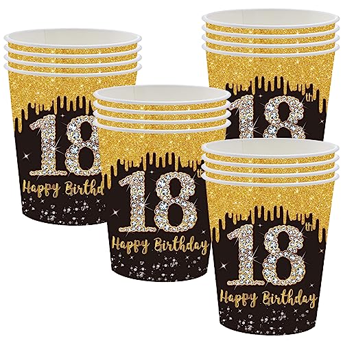 Schwarz-goldene Pappbecher zum 18. Geburtstag, Partyzubehör, Einweg-Geschirr-Set, schwarz-goldene Einweg-Pappbecher für alle Anlässe (16 Stück) von POPOYU