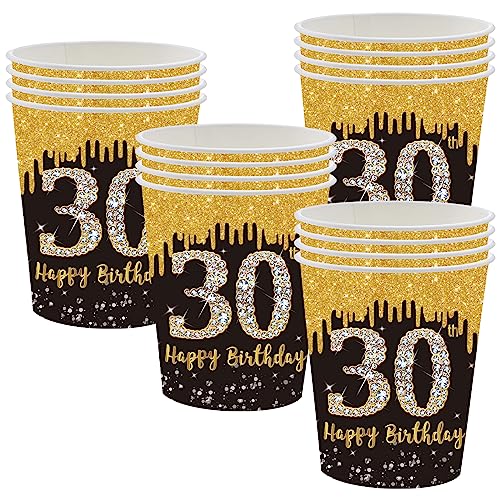 POPOYU Schwarz-goldene Pappbecher zum 30. Geburtstag, Partyzubehör, Einweg-Geschirr-Set, schwarz-goldene Einweg-Pappbecher für alle Anlässe (16 Stück) von POPOYU