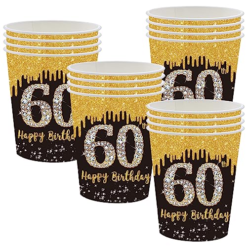 POPOYU Schwarz-goldene Pappbecher zum 60. Geburtstag, Partyzubehör, Einweg-Geschirr-Set, schwarz-goldene Einweg-Pappbecher für alle Anlässe (16 Stück) von POPOYU