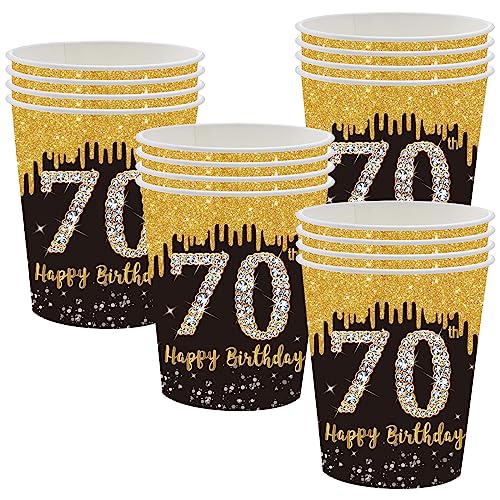 POPOYU Schwarz-goldene Pappbecher zum 70. Geburtstag, Partyzubehör, Einweg-Geschirr-Set, schwarz-goldene Einweg-Pappbecher für alle Anlässe (16 Stück) von POPOYU