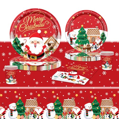 POPOYU Weihnachten Partygeschirr Set,69 Stück Weihnachten Partyzubehör mit Pappteller Servietten Tischdecken Pappbecher,Weihnachts Party Papier Geschirr Set für Weihnachten Zuhause(16 Gäste) von POPOYU