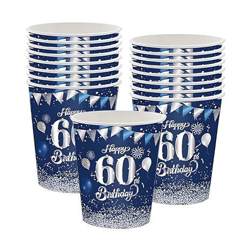 Papierbecher 60. Geburtstag, 16 Stück Einwegbecher Geburtstag, Pappbecher zum 60. Party Dekoration,Blau Silberne 60. Geburtstag Deko,Papierbecher für Junge Mädchen 60. Geburtstag Jubiläum Partyzubehör von POPOYU