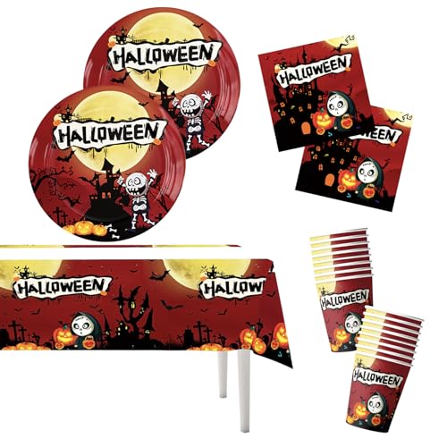Partygeschirr Halloween Set, 53 Stück Halloween Party Geschirr Dekoration, Papier Teller Pappteller Tassen Servietten, Tischdecke für Halloween Kinder Tischtücher Tischdeko Partyzubehör Dekoration Partygeschirr Halloween Set, 53 Stück Halloween Party Geschirr Dekoration, Papier Teller Pappteller Tassen Servietten, Tischdecke für Halloween Kinder Tischtücher Tischdeko Partyzubehör Dekoration von POPOYU