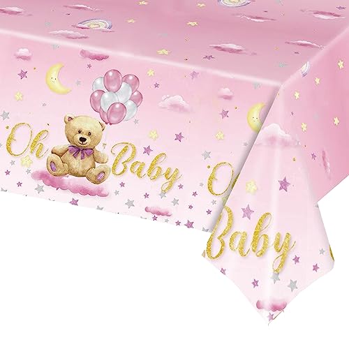 Rosa Babyparty Tischdecke Rosa Teddybär Kunststoff Rechteckige Tischdecke für Mädchen Teddybär Thema Party Baby Shower Dekoration 54x108 Zoll Waterproof Table Cover for Kids Geburtstag Party Supplies von POPOYU