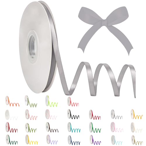 POPOYU Satinband 6mm Grau,Grau Band 6mm Natur,91m Dünn Geschenkband,Geschenkband und Schleifen für Geschenken,Bastelarbeiten,Haare,Ostern,Weihnachten,Hochzeit,Luftballons von POPOYU
