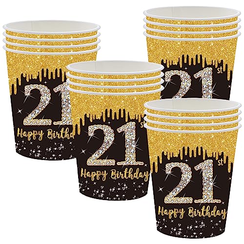 Schwarz-goldene Pappbecher zum 21. Geburtstag, Partyzubehör, Einweg-Geschirr-Set, schwarz-goldene Einweg-Pappbecher für alle Anlässe (16 Stück) von POPOYU