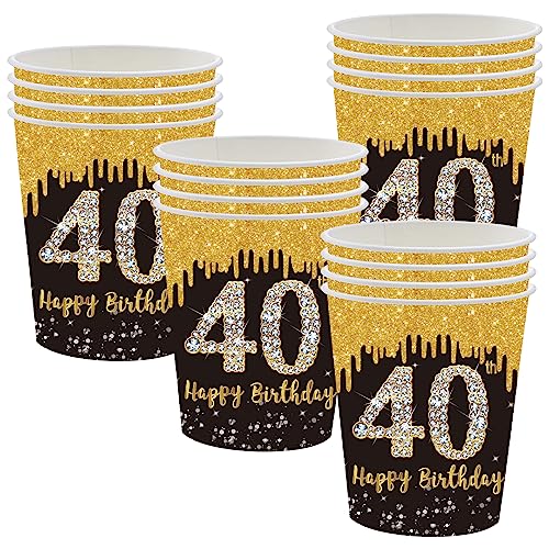 POPOYU Schwarz-goldene Pappbecher zum 40. Geburtstag, Partyzubehör, Einweg-Geschirr-Set, schwarz-goldene Einweg-Pappbecher für alle Anlässe (16 Stück) von POPOYU